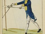 an old book with a drawing of a man holding a flag