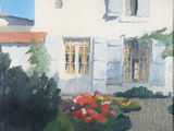 an oil painting of a white house with a garden in front of it