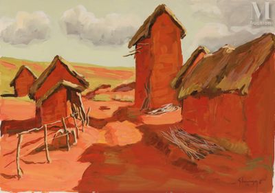 un tableau représentant un petit village au milieu du désert