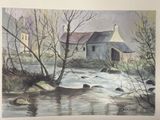 a painting of a house by a stream in the woods
