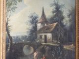 tableau représentant un homme et une femme près d'un pont, avec une maison en arrière-plan