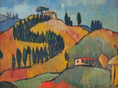une image représentant un tableau où l'on voit une colline sur laquelle se trouve une maison