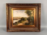 un tableau représentant un paysage avec une rivière et des arbres, dans un cadre doré