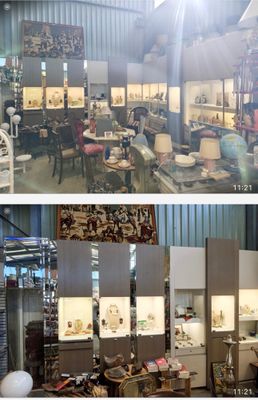 deux photos d'une pièce où se trouvent de nombreux objets