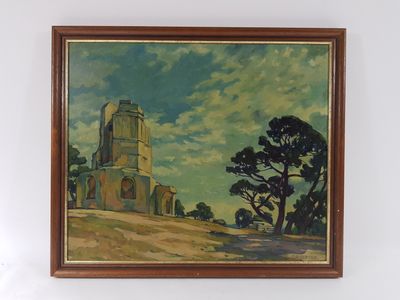une peinture à l'huile représentant une église sur une colline avec des arbres au premier plan