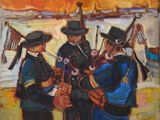 tableau représentant un groupe d'hommes jouant de la cornemuse sur une plage