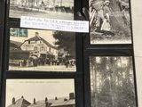 plusieurs vieilles photos en noir et blanc représentant des personnes et des bâtiments, conservées dans un vieil album photo