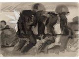 a black and white drawing of a group of people
