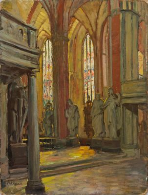 an image of a painting of a church with statues in the foreground