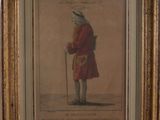 painting of a man in a red coat and hat holding a cane
