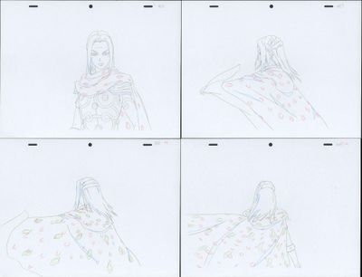 four different sketches of a woman with a bird on her shoulder