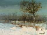 tableau représentant un paysage enneigé avec un arbre au premier plan