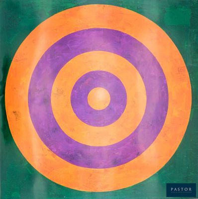 an image of a painting of an orange and purple circle on a green background