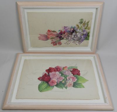 two framed pictures of flowers are displayed in a white frame