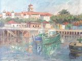 une peinture d'un bateau dans l'eau près d'un bâtiment