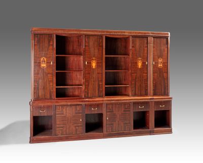 a large wooden bookcase with two doors and drawers
