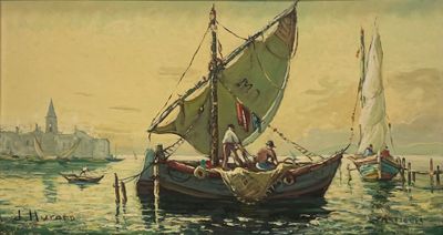 une peinture représentant un bateau avec des personnes à bord, sur l'eau