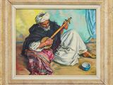 a painting of an old man playing a guitar in front of a blue curtain