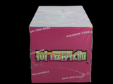 a pink box with a logo on it on a black background