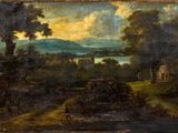 une peinture à l'huile représentant un paysage avec une rivière et un château au loin