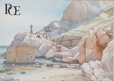 une aquarelle représentant un phare sur une plage rocheuse