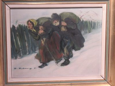 a painting of a group of people walking in the snow
