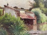 a painting of a house by the water on the shore