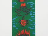 an image of a painting on a green background with red flowers