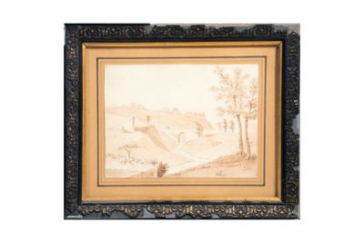 un dessin représentant un paysage avec un homme et un chien au premier plan