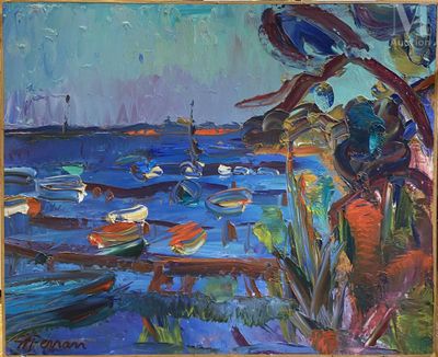 une peinture représentant une peinture de bateaux sur l'eau
