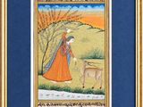 an old painting of a woman and a goat in a field