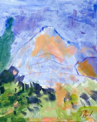 an oil painting of a mountain with trees in the foreground and a blue sky in the background