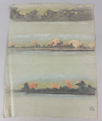 an image of a painting of a landscape with trees in the foreground
