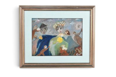 tableau représentant un groupe de chats et d'oiseaux, encadré et accroché à un mur blanc