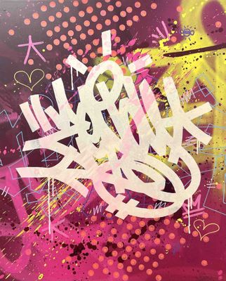 a close up of a painting of graffiti on a wall