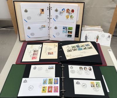 many different types of stamps on the pages of a binder