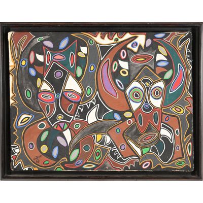 une peinture abstraite représentant un groupe de personnes sur fond noir