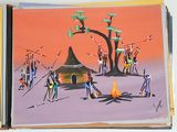a painting of a group of people standing around a campfire