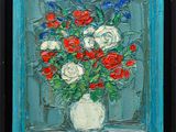 a painting of flowers in a vase on a table