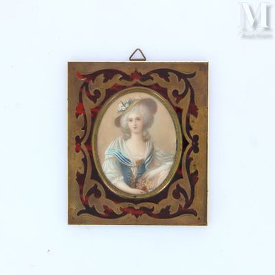 portrait d'une dame en robe bleue et chapeau, dans un cadre doré