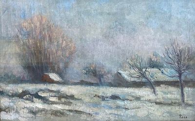 tableau représentant un champ enneigé avec des arbres et une grange au loin