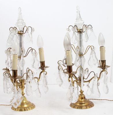 paire de lampes de lustre anciennes en laiton et cristal