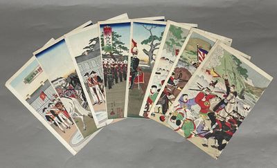 Deux triptyques d'estampes, oban tate-e, comprenant :