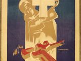 une vieille affiche représentant un homme tenant une croix et une femme tenant un pistolet