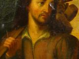 an oil painting of a man with a stick in his hand