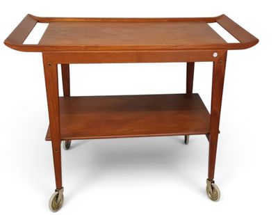 a wooden serving cart with two shelves and wheels on a white background