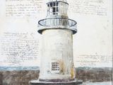 peinture représentant un phare sur laquelle est inscrit un poème