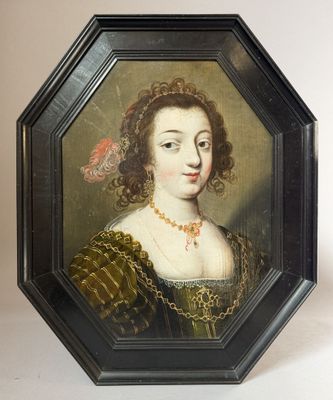 portrait of a lady in a green dress with a gold chain around her neck
