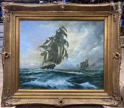 une peinture à l'huile représentant un voilier en pleine mer