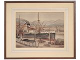 an old watercolor painting of a ship docked in a harbor